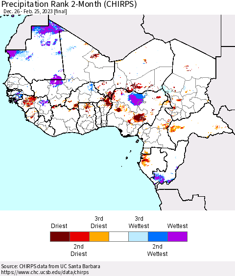 Western Africa Precipitation Rank since 1981, 2-Month (CHIRPS) Thematic Map For 12/26/2022 - 2/25/2023