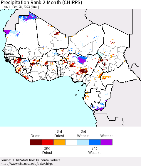 Western Africa Precipitation Rank since 1981, 2-Month (CHIRPS) Thematic Map For 1/1/2023 - 2/28/2023