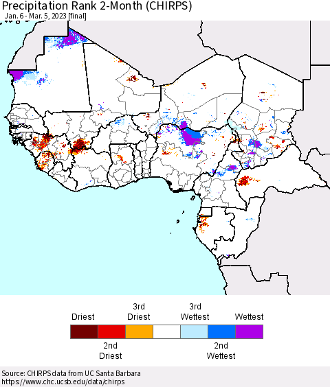 Western Africa Precipitation Rank since 1981, 2-Month (CHIRPS) Thematic Map For 1/6/2023 - 3/5/2023