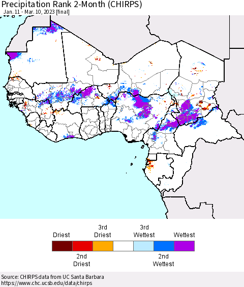 Western Africa Precipitation Rank since 1981, 2-Month (CHIRPS) Thematic Map For 1/11/2023 - 3/10/2023