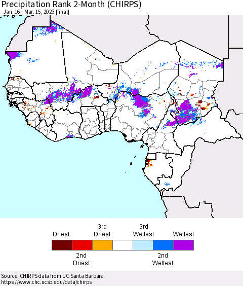 Western Africa Precipitation Rank since 1981, 2-Month (CHIRPS) Thematic Map For 1/16/2023 - 3/15/2023