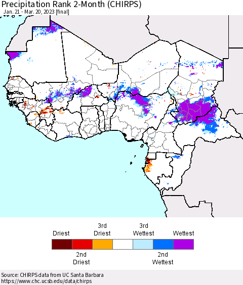 Western Africa Precipitation Rank since 1981, 2-Month (CHIRPS) Thematic Map For 1/21/2023 - 3/20/2023