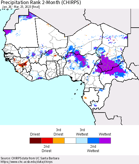 Western Africa Precipitation Rank since 1981, 2-Month (CHIRPS) Thematic Map For 1/26/2023 - 3/25/2023