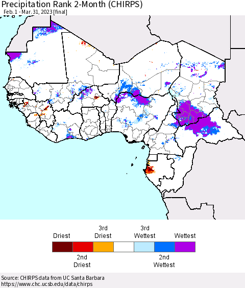 Western Africa Precipitation Rank since 1981, 2-Month (CHIRPS) Thematic Map For 2/1/2023 - 3/31/2023