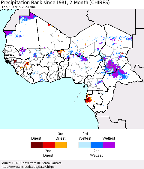 Western Africa Precipitation Rank since 1981, 2-Month (CHIRPS) Thematic Map For 2/6/2023 - 4/5/2023