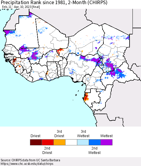 Western Africa Precipitation Rank since 1981, 2-Month (CHIRPS) Thematic Map For 2/11/2023 - 4/10/2023