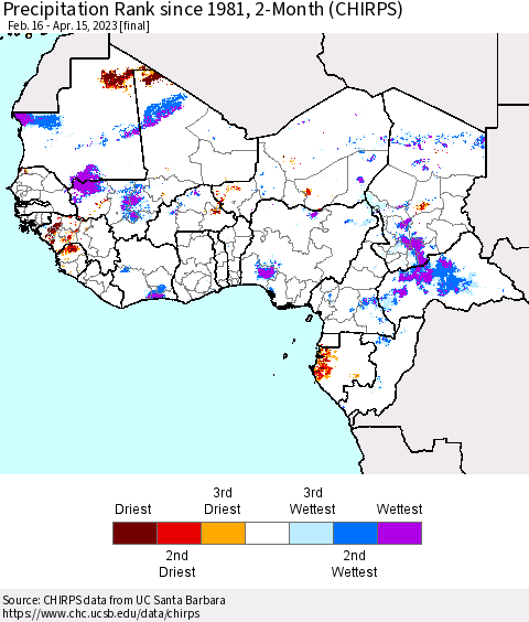 Western Africa Precipitation Rank since 1981, 2-Month (CHIRPS) Thematic Map For 2/16/2023 - 4/15/2023