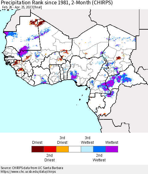 Western Africa Precipitation Rank since 1981, 2-Month (CHIRPS) Thematic Map For 2/26/2023 - 4/25/2023