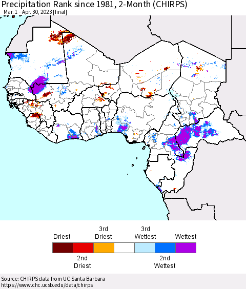 Western Africa Precipitation Rank since 1981, 2-Month (CHIRPS) Thematic Map For 3/1/2023 - 4/30/2023