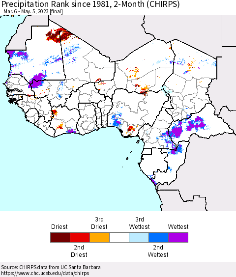 Western Africa Precipitation Rank since 1981, 2-Month (CHIRPS) Thematic Map For 3/6/2023 - 5/5/2023