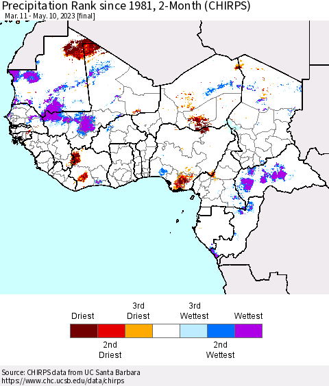 Western Africa Precipitation Rank since 1981, 2-Month (CHIRPS) Thematic Map For 3/11/2023 - 5/10/2023
