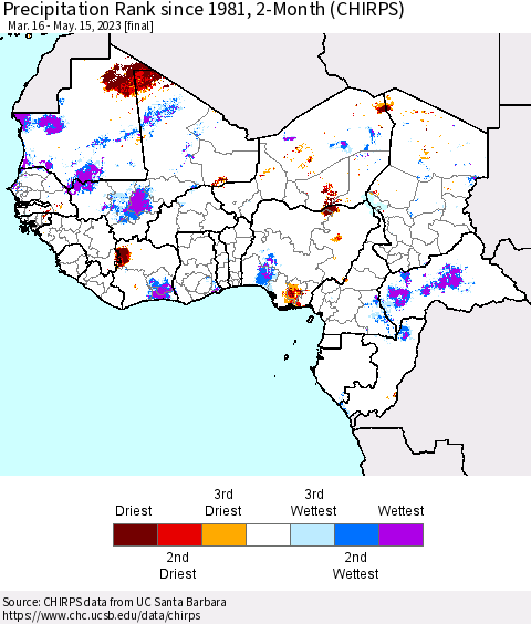 Western Africa Precipitation Rank since 1981, 2-Month (CHIRPS) Thematic Map For 3/16/2023 - 5/15/2023