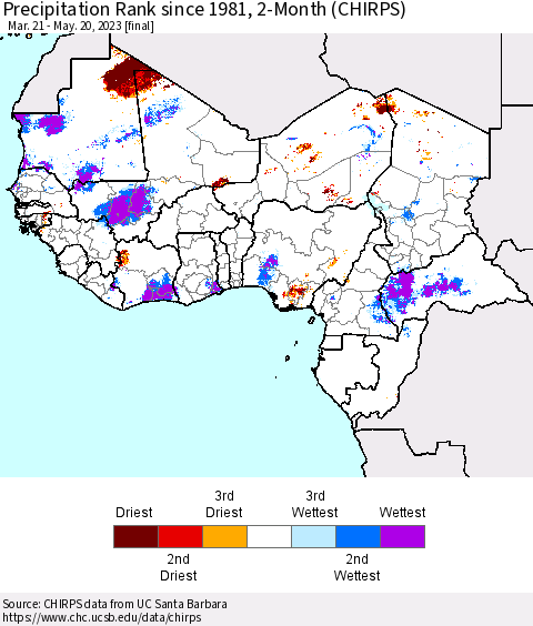 Western Africa Precipitation Rank since 1981, 2-Month (CHIRPS) Thematic Map For 3/21/2023 - 5/20/2023