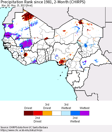 Western Africa Precipitation Rank since 1981, 2-Month (CHIRPS) Thematic Map For 3/26/2023 - 5/25/2023