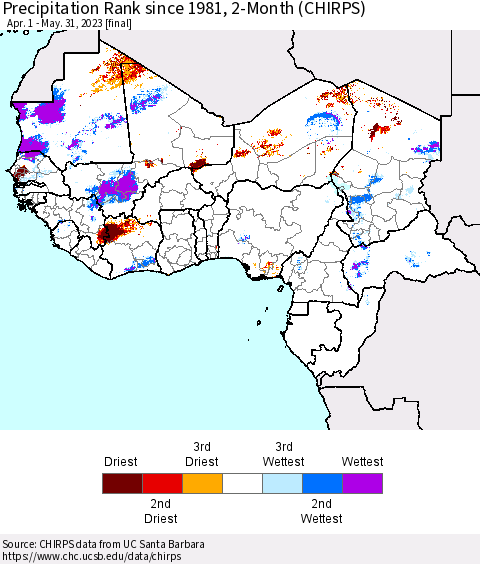 Western Africa Precipitation Rank since 1981, 2-Month (CHIRPS) Thematic Map For 4/1/2023 - 5/31/2023