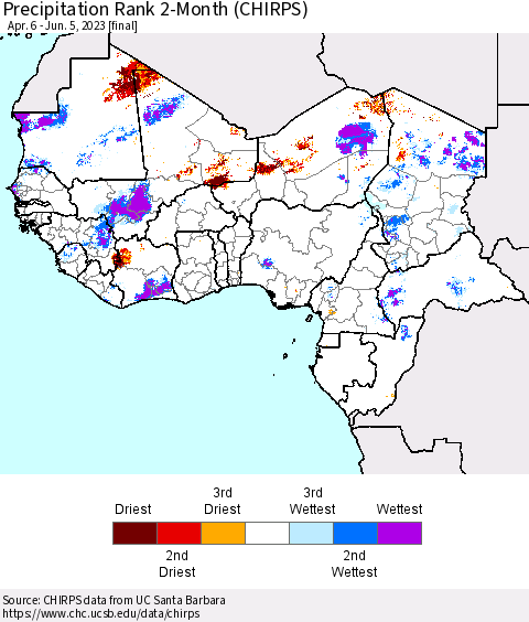 Western Africa Precipitation Rank since 1981, 2-Month (CHIRPS) Thematic Map For 4/6/2023 - 6/5/2023