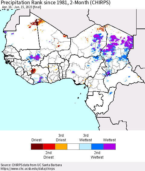 Western Africa Precipitation Rank since 1981, 2-Month (CHIRPS) Thematic Map For 4/16/2023 - 6/15/2023