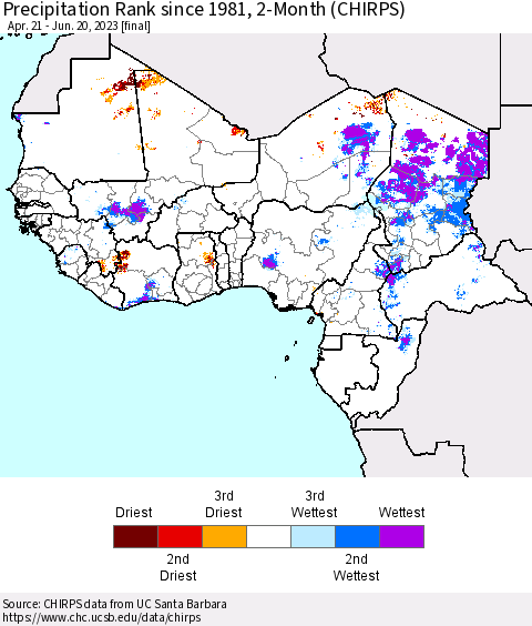 Western Africa Precipitation Rank since 1981, 2-Month (CHIRPS) Thematic Map For 4/21/2023 - 6/20/2023
