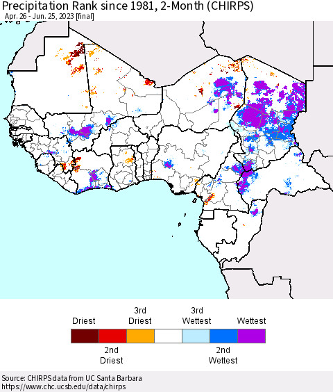 Western Africa Precipitation Rank since 1981, 2-Month (CHIRPS) Thematic Map For 4/26/2023 - 6/25/2023