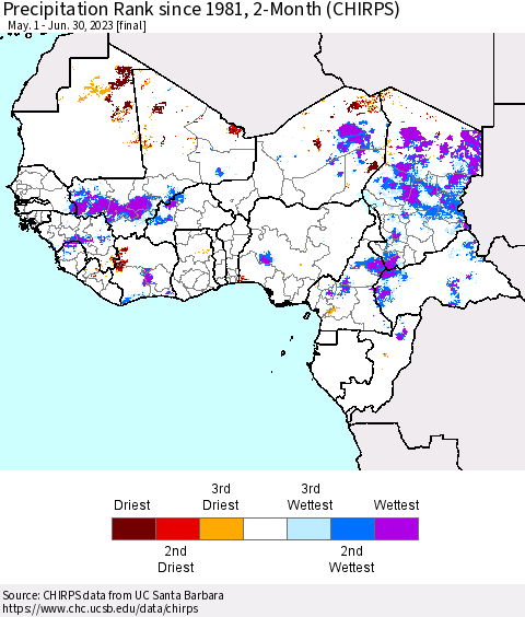 Western Africa Precipitation Rank since 1981, 2-Month (CHIRPS) Thematic Map For 5/1/2023 - 6/30/2023