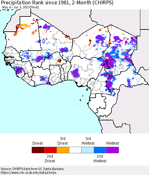 Western Africa Precipitation Rank since 1981, 2-Month (CHIRPS) Thematic Map For 5/6/2023 - 7/5/2023