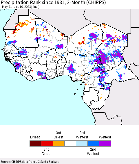Western Africa Precipitation Rank since 1981, 2-Month (CHIRPS) Thematic Map For 5/11/2023 - 7/10/2023