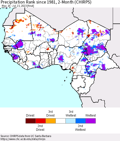 Western Africa Precipitation Rank since 1981, 2-Month (CHIRPS) Thematic Map For 5/16/2023 - 7/15/2023