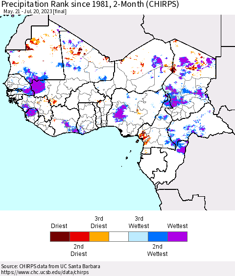 Western Africa Precipitation Rank since 1981, 2-Month (CHIRPS) Thematic Map For 5/21/2023 - 7/20/2023