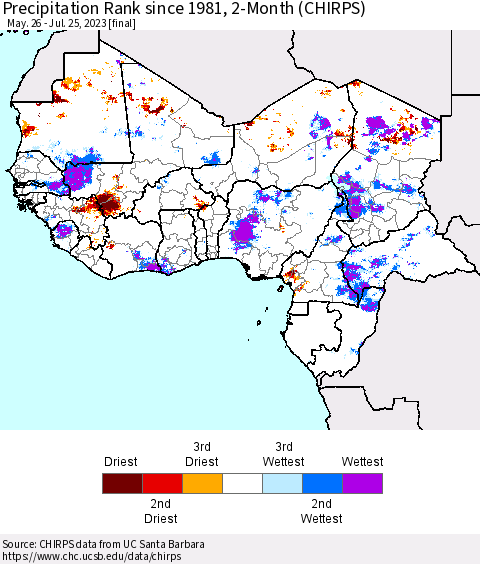 Western Africa Precipitation Rank since 1981, 2-Month (CHIRPS) Thematic Map For 5/26/2023 - 7/25/2023