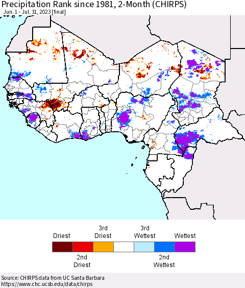 Western Africa Precipitation Rank since 1981, 2-Month (CHIRPS) Thematic Map For 6/1/2023 - 7/31/2023