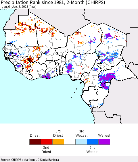 Western Africa Precipitation Rank since 1981, 2-Month (CHIRPS) Thematic Map For 6/6/2023 - 8/5/2023