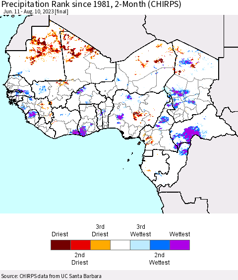 Western Africa Precipitation Rank since 1981, 2-Month (CHIRPS) Thematic Map For 6/11/2023 - 8/10/2023