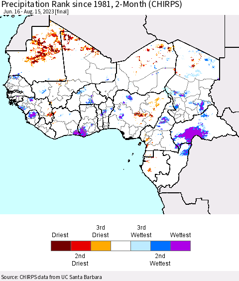 Western Africa Precipitation Rank since 1981, 2-Month (CHIRPS) Thematic Map For 6/16/2023 - 8/15/2023