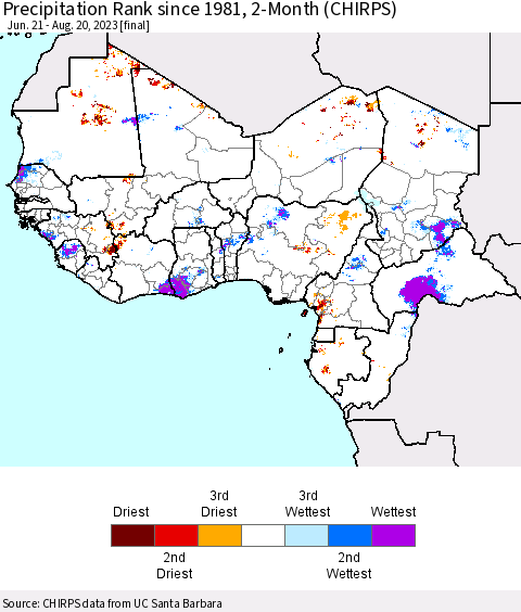 Western Africa Precipitation Rank since 1981, 2-Month (CHIRPS) Thematic Map For 6/21/2023 - 8/20/2023
