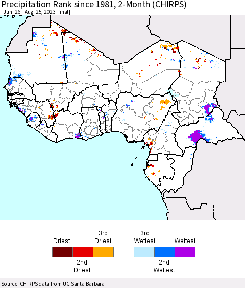 Western Africa Precipitation Rank since 1981, 2-Month (CHIRPS) Thematic Map For 6/26/2023 - 8/25/2023