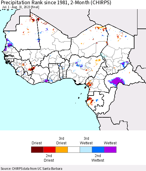 Western Africa Precipitation Rank since 1981, 2-Month (CHIRPS) Thematic Map For 7/1/2023 - 8/31/2023