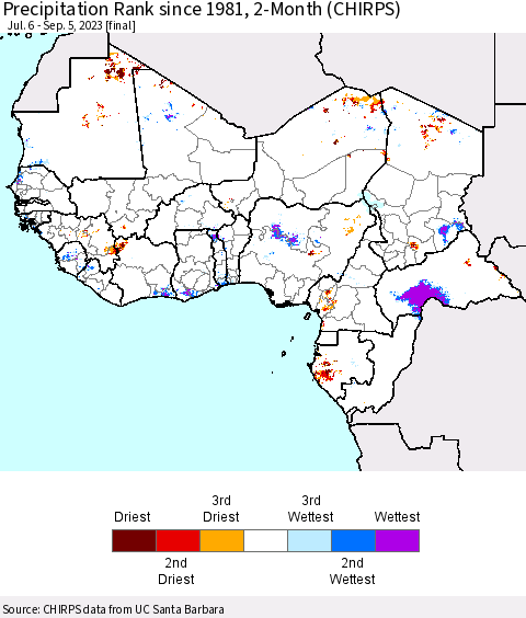 Western Africa Precipitation Rank since 1981, 2-Month (CHIRPS) Thematic Map For 7/6/2023 - 9/5/2023