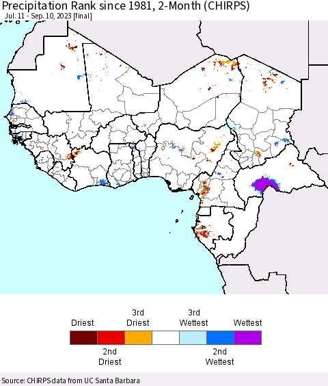 Western Africa Precipitation Rank since 1981, 2-Month (CHIRPS) Thematic Map For 7/11/2023 - 9/10/2023