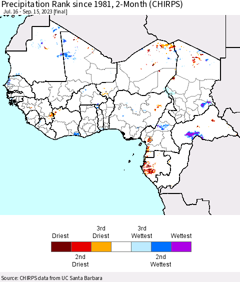 Western Africa Precipitation Rank since 1981, 2-Month (CHIRPS) Thematic Map For 7/16/2023 - 9/15/2023