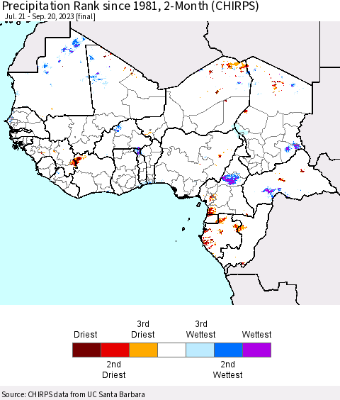 Western Africa Precipitation Rank since 1981, 2-Month (CHIRPS) Thematic Map For 7/21/2023 - 9/20/2023