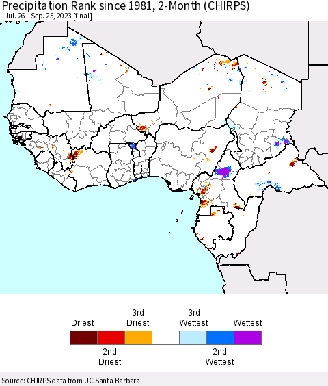 Western Africa Precipitation Rank since 1981, 2-Month (CHIRPS) Thematic Map For 7/26/2023 - 9/25/2023