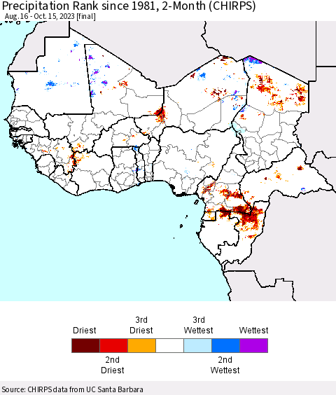 Western Africa Precipitation Rank since 1981, 2-Month (CHIRPS) Thematic Map For 8/16/2023 - 10/15/2023