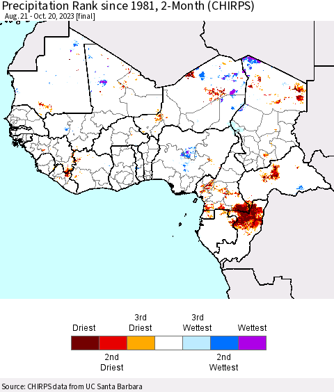 Western Africa Precipitation Rank since 1981, 2-Month (CHIRPS) Thematic Map For 8/21/2023 - 10/20/2023
