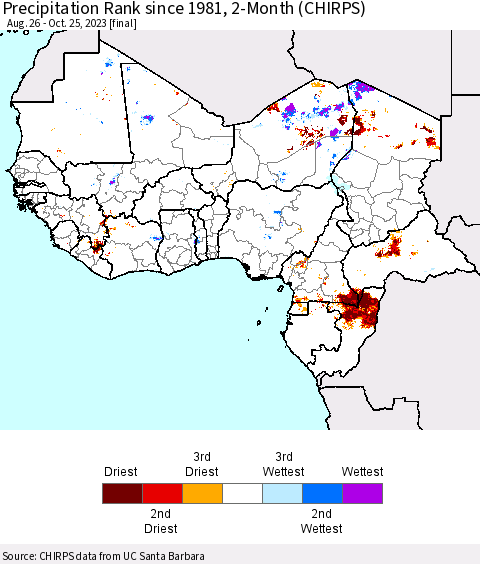 Western Africa Precipitation Rank since 1981, 2-Month (CHIRPS) Thematic Map For 8/26/2023 - 10/25/2023