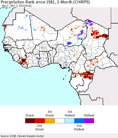 Western Africa Precipitation Rank since 1981, 2-Month (CHIRPS) Thematic Map For 9/6/2023 - 11/5/2023