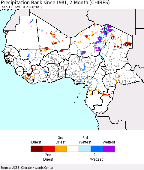 Western Africa Precipitation Rank since 1981, 2-Month (CHIRPS) Thematic Map For 9/11/2023 - 11/10/2023