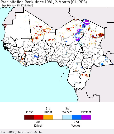 Western Africa Precipitation Rank since 1981, 2-Month (CHIRPS) Thematic Map For 9/16/2023 - 11/15/2023