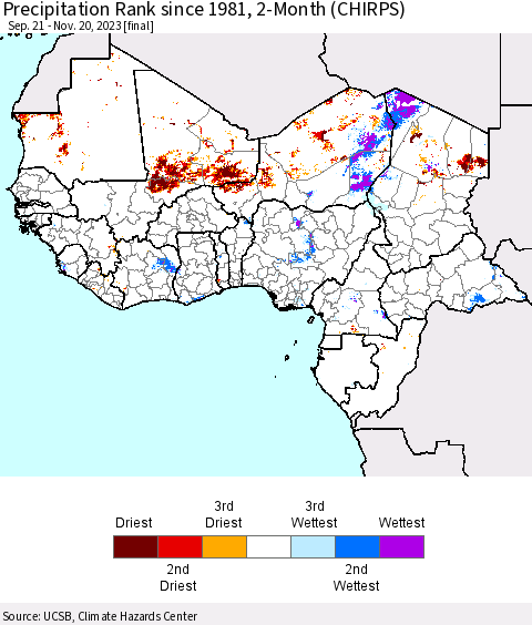 Western Africa Precipitation Rank since 1981, 2-Month (CHIRPS) Thematic Map For 9/21/2023 - 11/20/2023