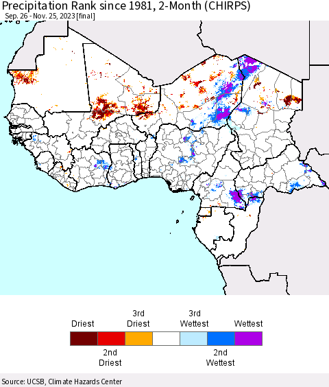 Western Africa Precipitation Rank since 1981, 2-Month (CHIRPS) Thematic Map For 9/26/2023 - 11/25/2023