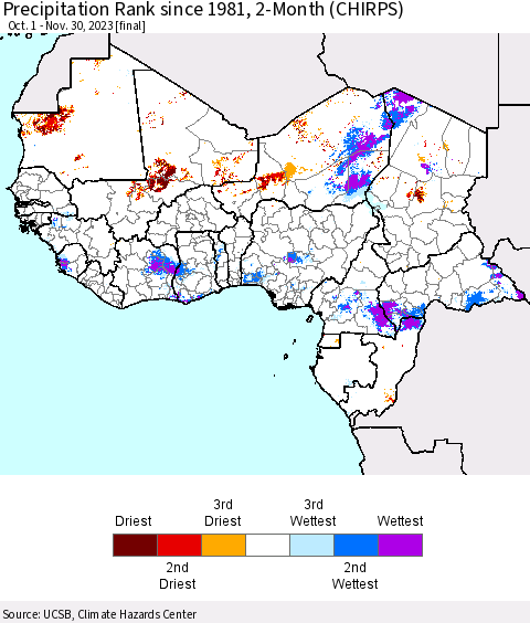 Western Africa Precipitation Rank since 1981, 2-Month (CHIRPS) Thematic Map For 10/1/2023 - 11/30/2023